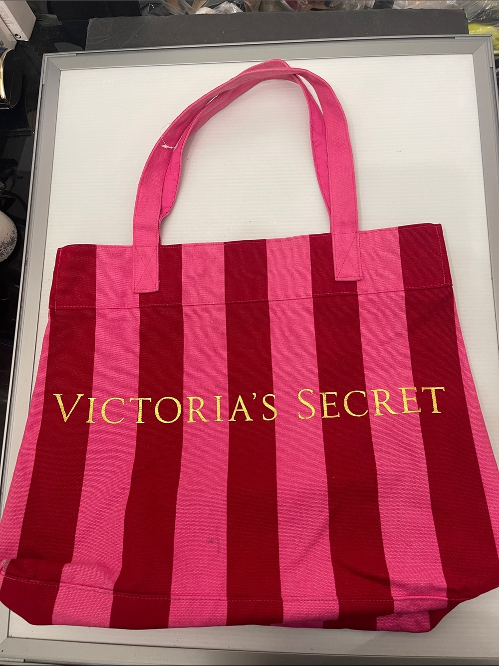 Victoria's Secret Pink and Red Striped Canvas Tote